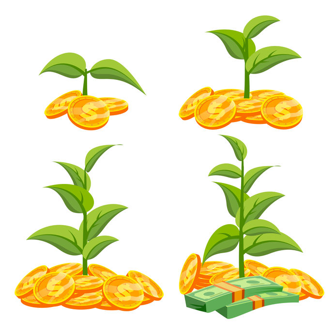 Startup Growth Concept Vector. Tree Growing On A Golden Coins. Growth Funds Economy Concept. Success Project. Isolated Flat Cartoon Illustration